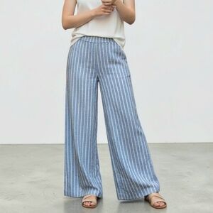 D & Co Linen Pants, Striped Lt Blue Wide Leg Summer Casual Coastal Beach / L